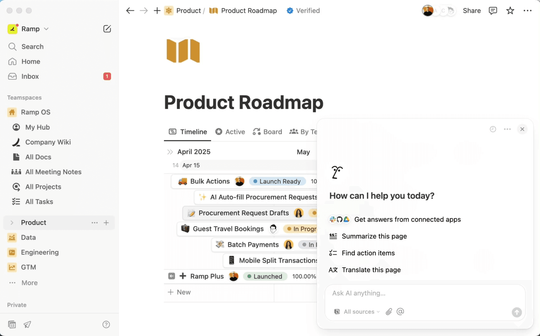 A Notion AI agent integration in Notion’s Product Roadmap template